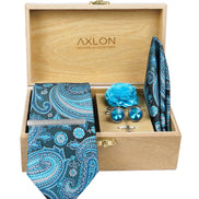 Axlon Tie Set for Men - Teal Ocean Blue, paisley | Necktie Gift Box with Cufflinks, Pocket Square & Lapel Pin