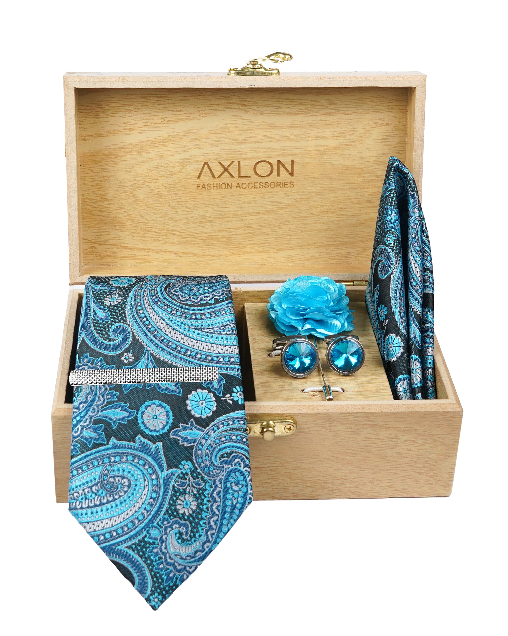 Axlon Tie Set for Men - Teal Ocean Blue, paisley | Necktie Gift Box with Cufflinks, Pocket Square & Lapel Pin