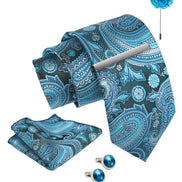 Axlon Tie Set for Men - Teal Ocean Blue, paisley | Necktie Gift Box with Cufflinks, Pocket Square & Lapel Pin