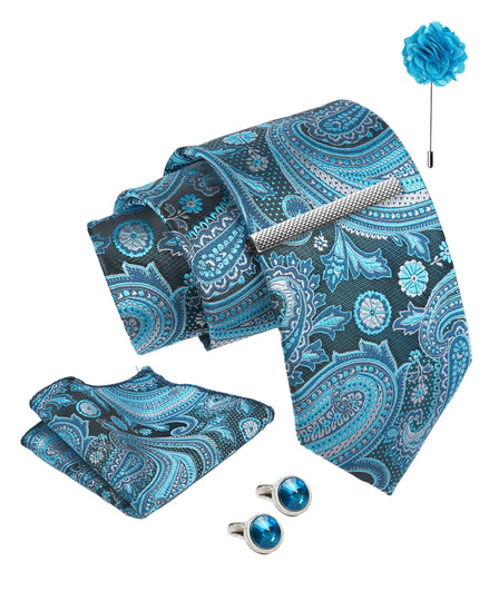 Axlon Tie Set for Men - Teal Ocean Blue, paisley | Necktie Gift Box with Cufflinks, Pocket Square & Lapel Pin