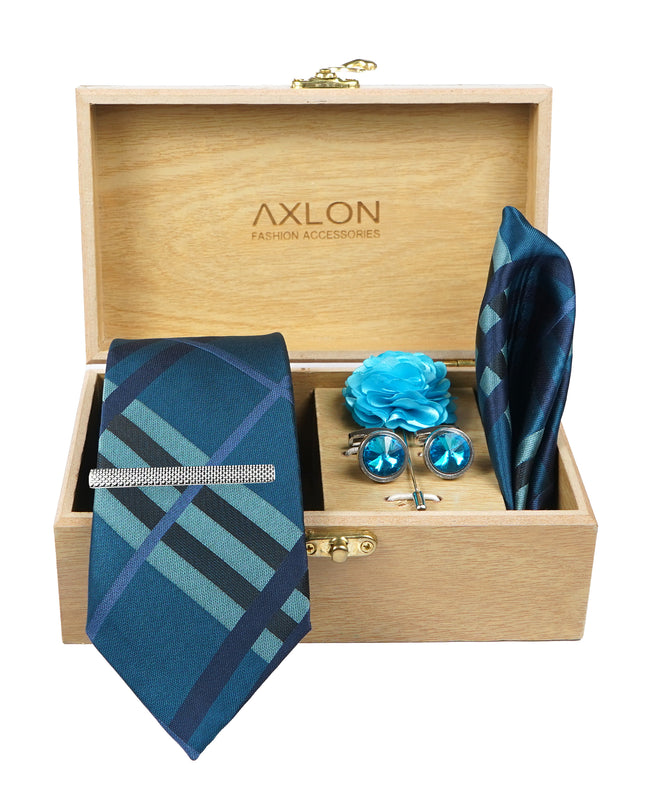 Axlon Tie Set for Men - Royal Peacock Blue, checkered | Necktie Gift Box with Cufflinks, Pocket Square & Lapel Pin