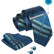 Axlon Tie Set for Men - Royal Peacock Blue, checkered | Necktie Gift Box with Cufflinks, Pocket Square & Lapel Pin