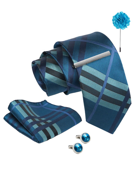 Axlon Tie Set for Men - Royal Peacock Blue, checkered | Necktie Gift Box with Cufflinks, Pocket Square & Lapel Pin
