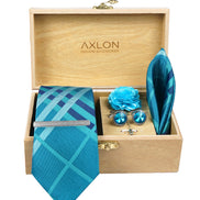 Axlon Tie Set for Men - Teal Ocean Blue, Checkered | Necktie Gift Box with Cufflinks, Pocket Square & Lapel Pin