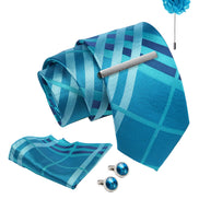 Axlon Tie Set for Men - Teal Ocean Blue, Checkered | Necktie Gift Box with Cufflinks, Pocket Square & Lapel Pin