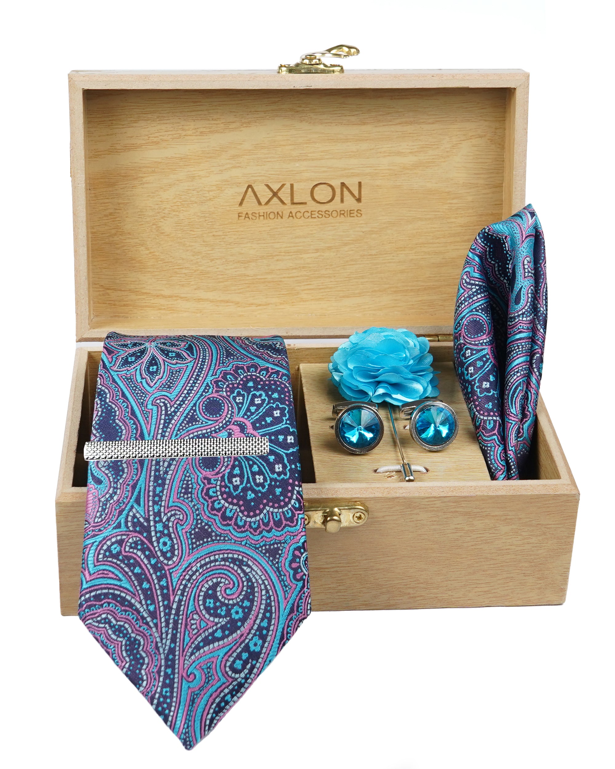 Axlon Tie Set for Men -Skyline Blue, Paisley | Necktie Gift Box with Cufflinks, Pocket Square & Lapel Pin