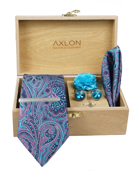 Axlon Tie Set for Men -Skyline Blue, Paisley | Necktie Gift Box with Cufflinks, Pocket Square & Lapel Pin