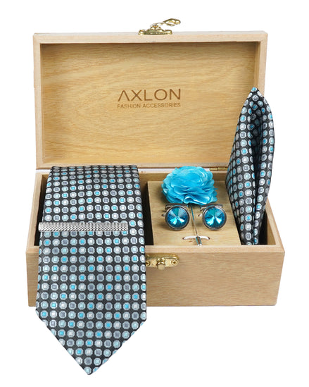 Axlon Tie Set for Men - Skyline Blue, dotted | Necktie Gift Box with Cufflinks, Pocket Square & Lapel Pin