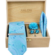 Axlon Tie Set for Men - Skyline Blue, paisley | Necktie Gift Box with Cufflinks, Pocket Square & Lapel Pin