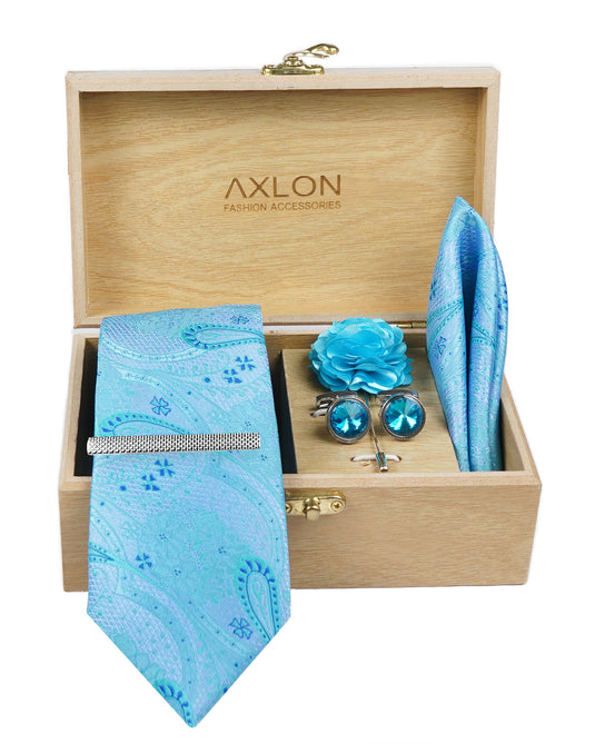 Axlon Tie Set for Men - Skyline Blue, paisley | Necktie Gift Box with Cufflinks, Pocket Square & Lapel Pin