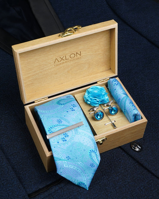Axlon Tie Set for Men - Skyline Blue, paisley | Necktie Gift Box with Cufflinks, Pocket Square & Lapel Pin