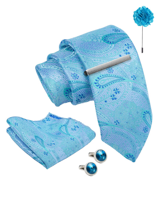 Axlon Tie Set for Men - Skyline Blue, paisley | Necktie Gift Box with Cufflinks, Pocket Square & Lapel Pin