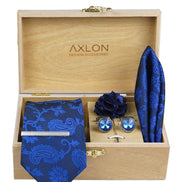 Axlon Tie Set for Men - Deep Navy Blue, paisley | Necktie Gift Box with Cufflinks, Pocket Square & Lapel Pin
