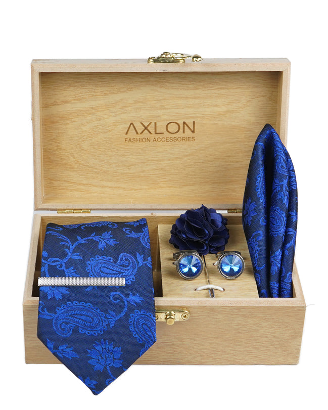 Axlon Tie Set for Men - Deep Navy Blue, paisley | Necktie Gift Box with Cufflinks, Pocket Square & Lapel Pin
