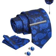 Axlon Tie Set for Men - Deep Navy Blue, paisley | Necktie Gift Box with Cufflinks, Pocket Square & Lapel Pin