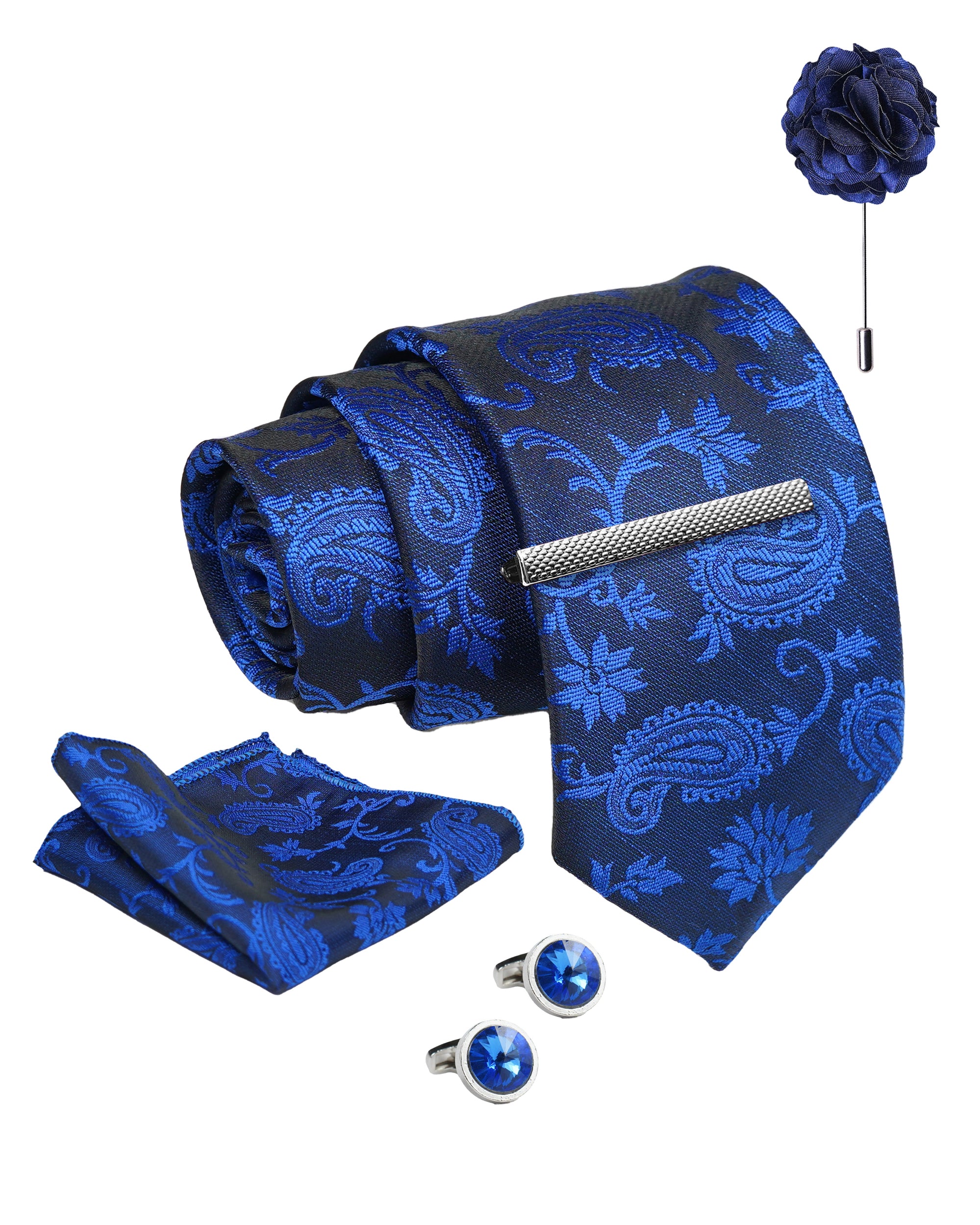 Axlon Tie Set for Men - Deep Navy Blue, paisley | Necktie Gift Box with Cufflinks, Pocket Square & Lapel Pin