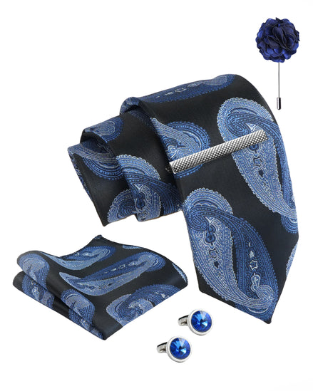 Axlon Tie Set for Men - Deep Navy Blue,  paisley | Necktie Gift Box with Cufflinks, Pocket Square & Lapel Pin