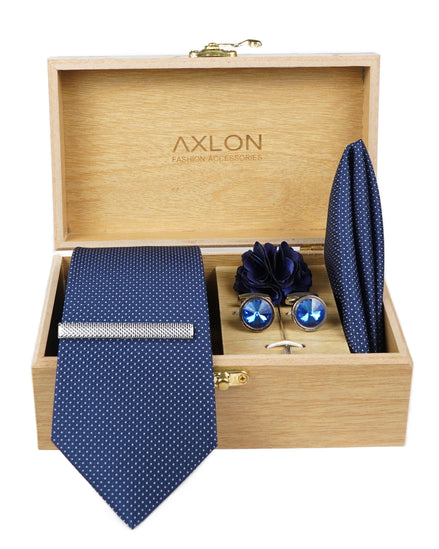 Axlon Tie Set for Men - Deep Navy Blue, dotted | Necktie Gift Box with Cufflinks, Pocket Square & Lapel Pin