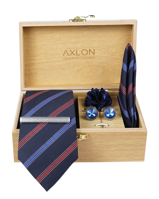 Axlon Tie Set for Men - Deep Navy Blue, Striped | Necktie Gift Box with Cufflinks, Pocket Square & Lapel Pin