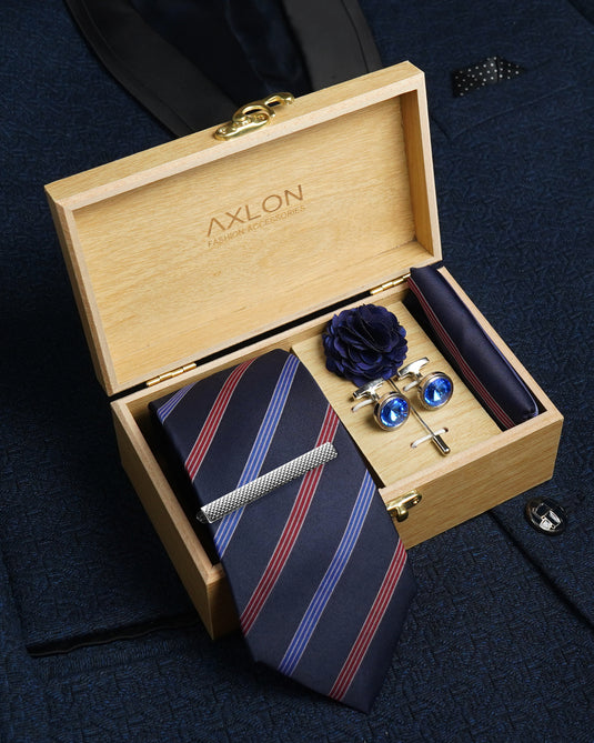Axlon Tie Set for Men - Deep Navy Blue, Striped | Necktie Gift Box with Cufflinks, Pocket Square & Lapel Pin