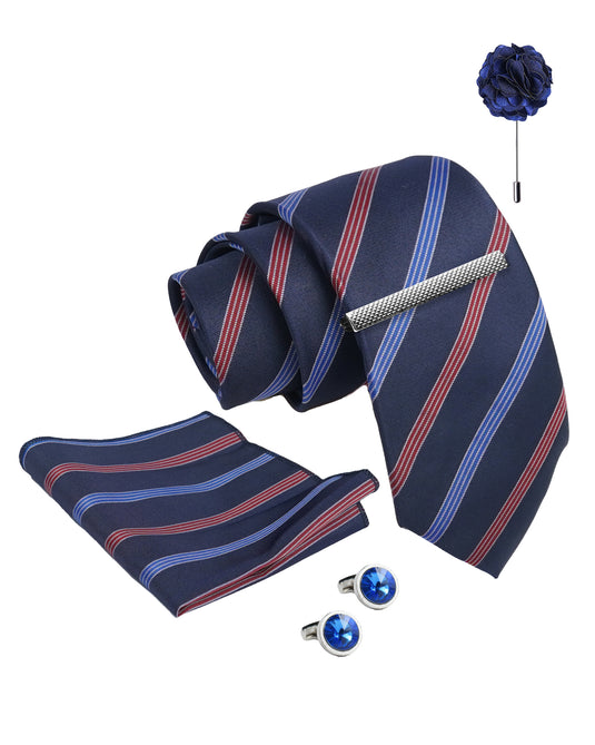 Axlon Tie Set for Men - Deep Navy Blue, Striped | Necktie Gift Box with Cufflinks, Pocket Square & Lapel Pin