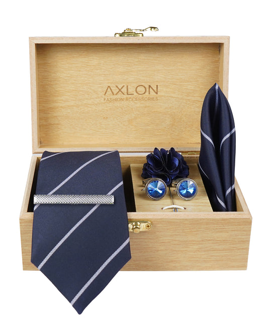 Axlon Tie Set for Men - Deep Navy Blue, Striped | Necktie Gift Box with Cufflinks, Pocket Square & Lapel Pin
