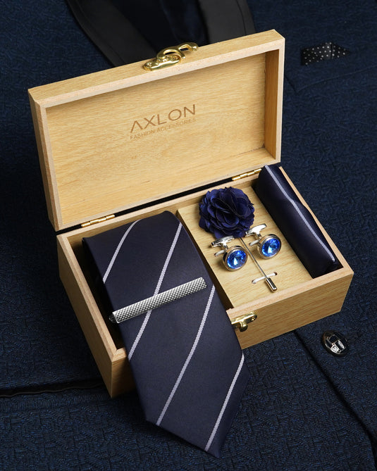 Axlon Tie Set for Men - Deep Navy Blue, Striped | Necktie Gift Box with Cufflinks, Pocket Square & Lapel Pin