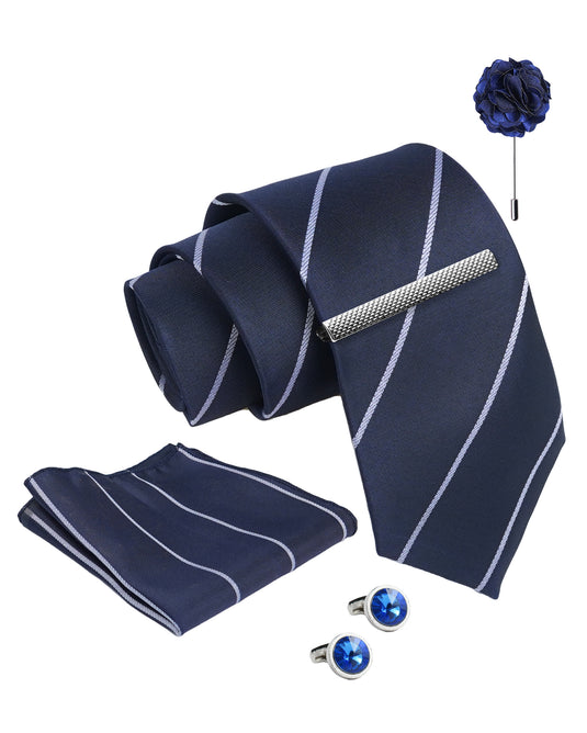 Axlon Tie Set for Men - Deep Navy Blue, Striped | Necktie Gift Box with Cufflinks, Pocket Square & Lapel Pin