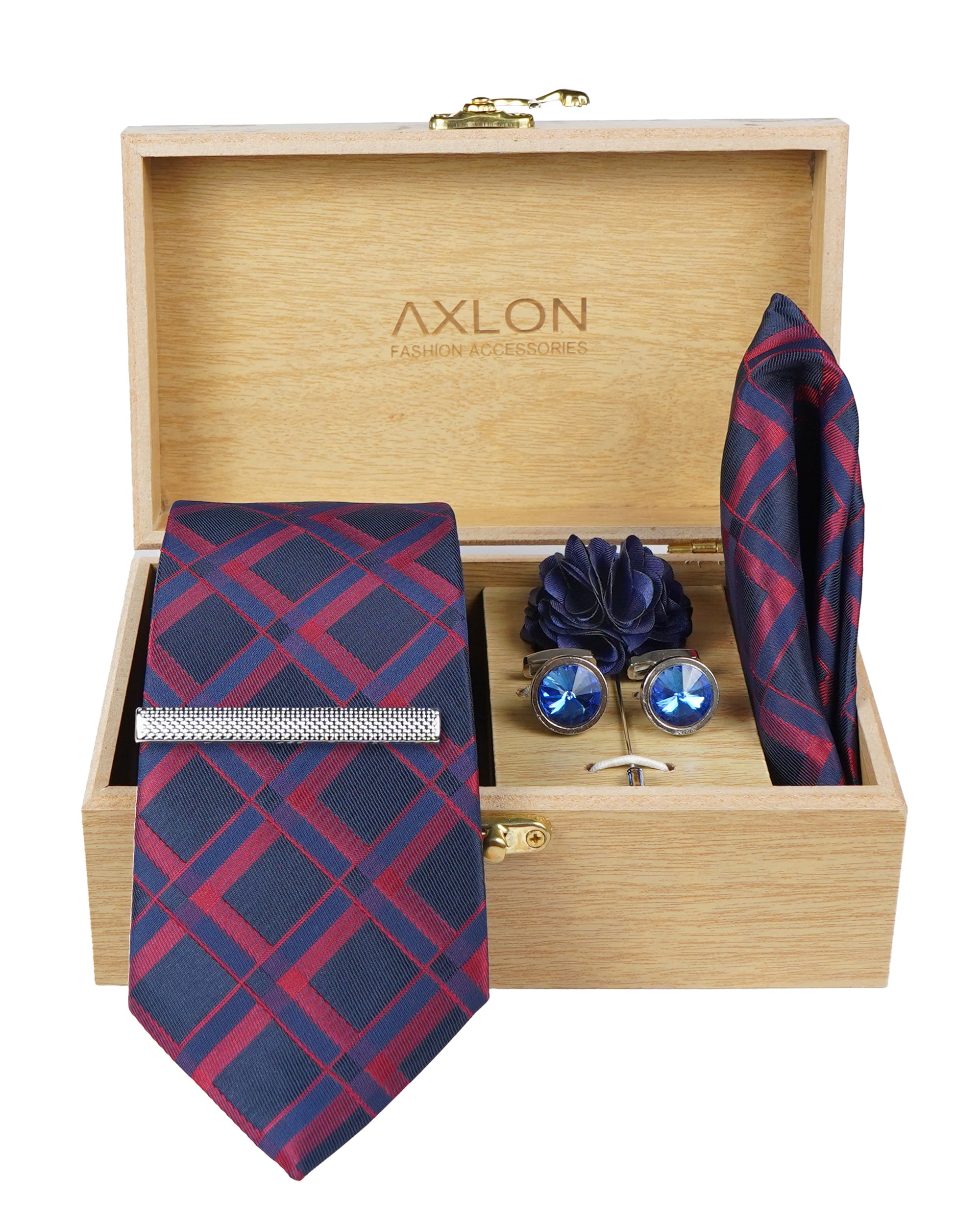 Axlon Tie Set for Men - Deep Navy Blue, checkered | Necktie Gift Box with Cufflinks, Pocket Square & Lapel Pin