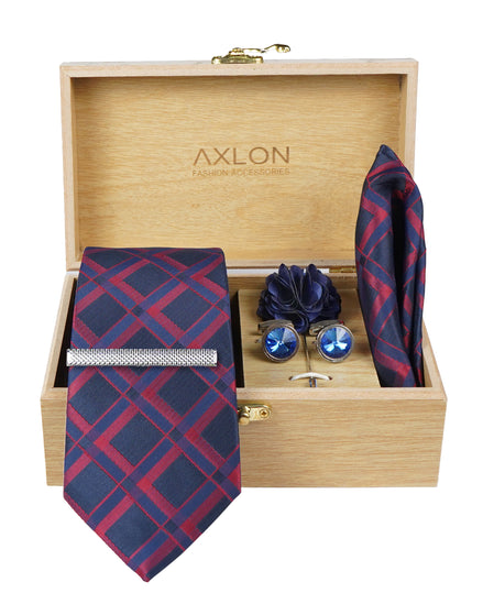 Axlon Tie Set for Men - Deep Navy Blue, checkered | Necktie Gift Box with Cufflinks, Pocket Square & Lapel Pin