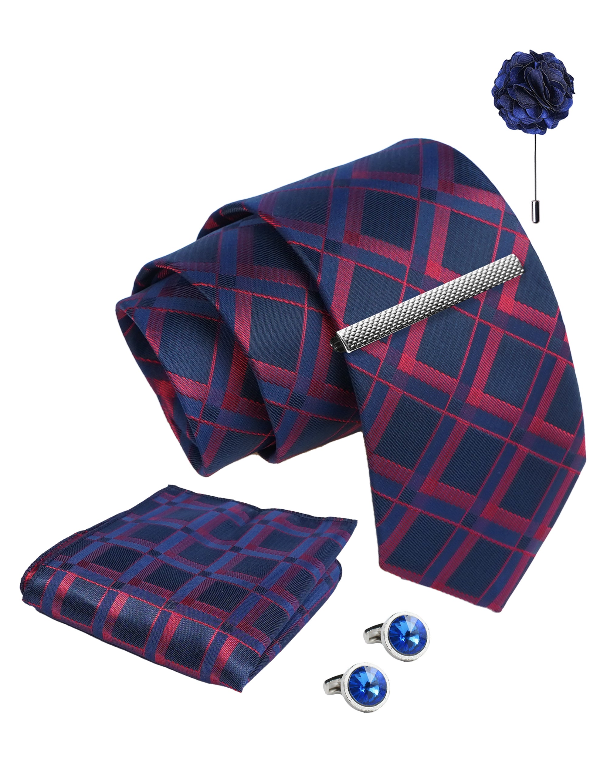 Axlon Tie Set for Men - Deep Navy Blue, checkered | Necktie Gift Box with Cufflinks, Pocket Square & Lapel Pin