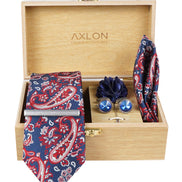 Axlon Tie Set for Men - Ruby Blue Contrast, paisley | Necktie Gift Box with Cufflinks, Pocket Square & Lapel Pin
