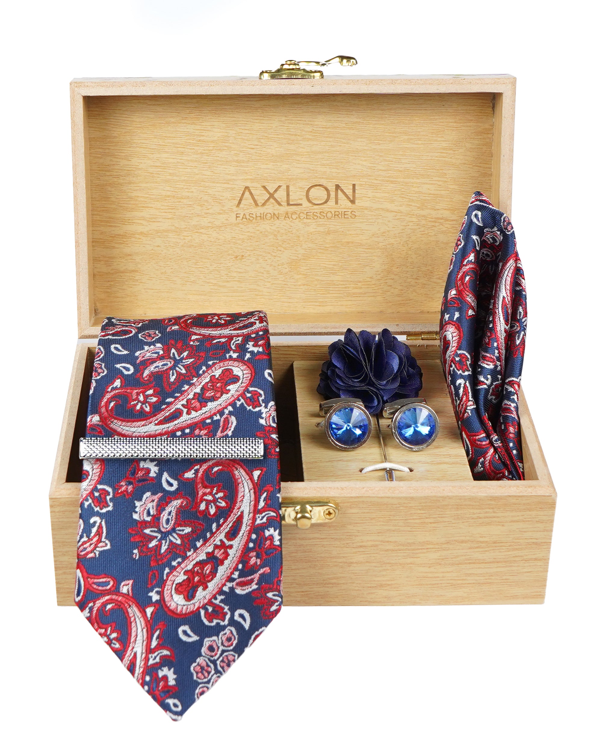 Axlon Tie Set for Men - Ruby Blue Contrast, paisley | Necktie Gift Box with Cufflinks, Pocket Square & Lapel Pin