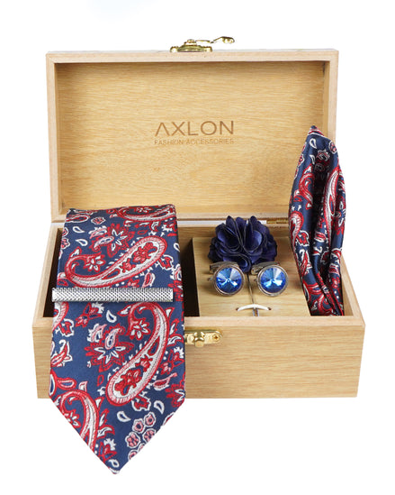 Axlon Tie Set for Men - Ruby Blue Contrast, paisley | Necktie Gift Box with Cufflinks, Pocket Square & Lapel Pin