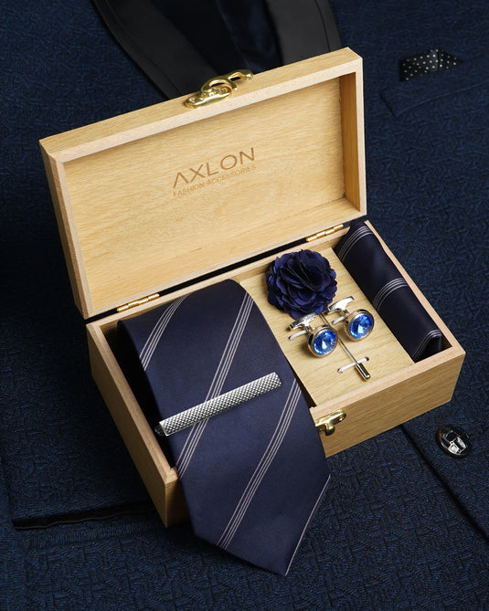 Axlon Tie Set for Men - Deep Navy Blue, striped | Necktie Gift Box with Cufflinks, Pocket Square & Lapel Pin
