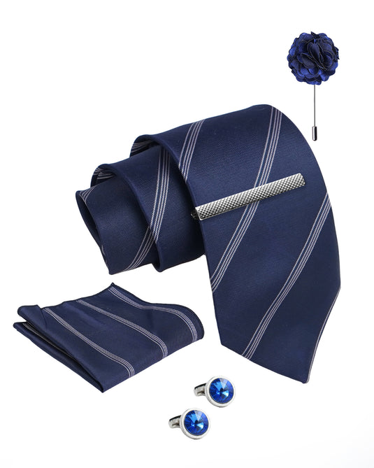 Axlon Tie Set for Men - Deep Navy Blue, striped | Necktie Gift Box with Cufflinks, Pocket Square & Lapel Pin