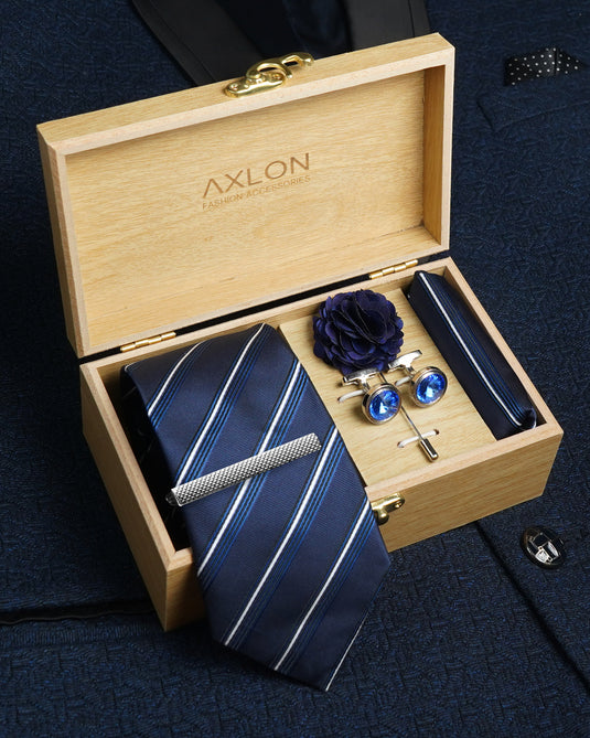 Axlon Tie Set for Men - Deep Navy Blue, striped | Necktie Gift Box with Cufflinks, Pocket Square & Lapel Pin