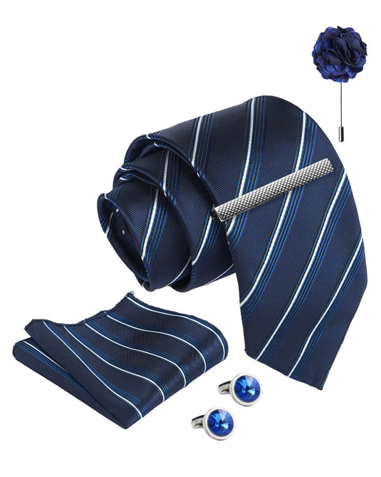 Axlon Tie Set for Men - Deep Navy Blue, striped | Necktie Gift Box with Cufflinks, Pocket Square & Lapel Pin