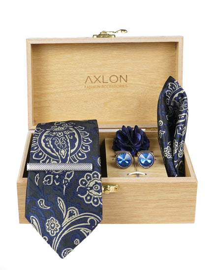 Axlon Tie Set for Men - Deep Navy Blue, Paisley | Necktie Gift Box with Cufflinks, Pocket Square & Lapel Pin