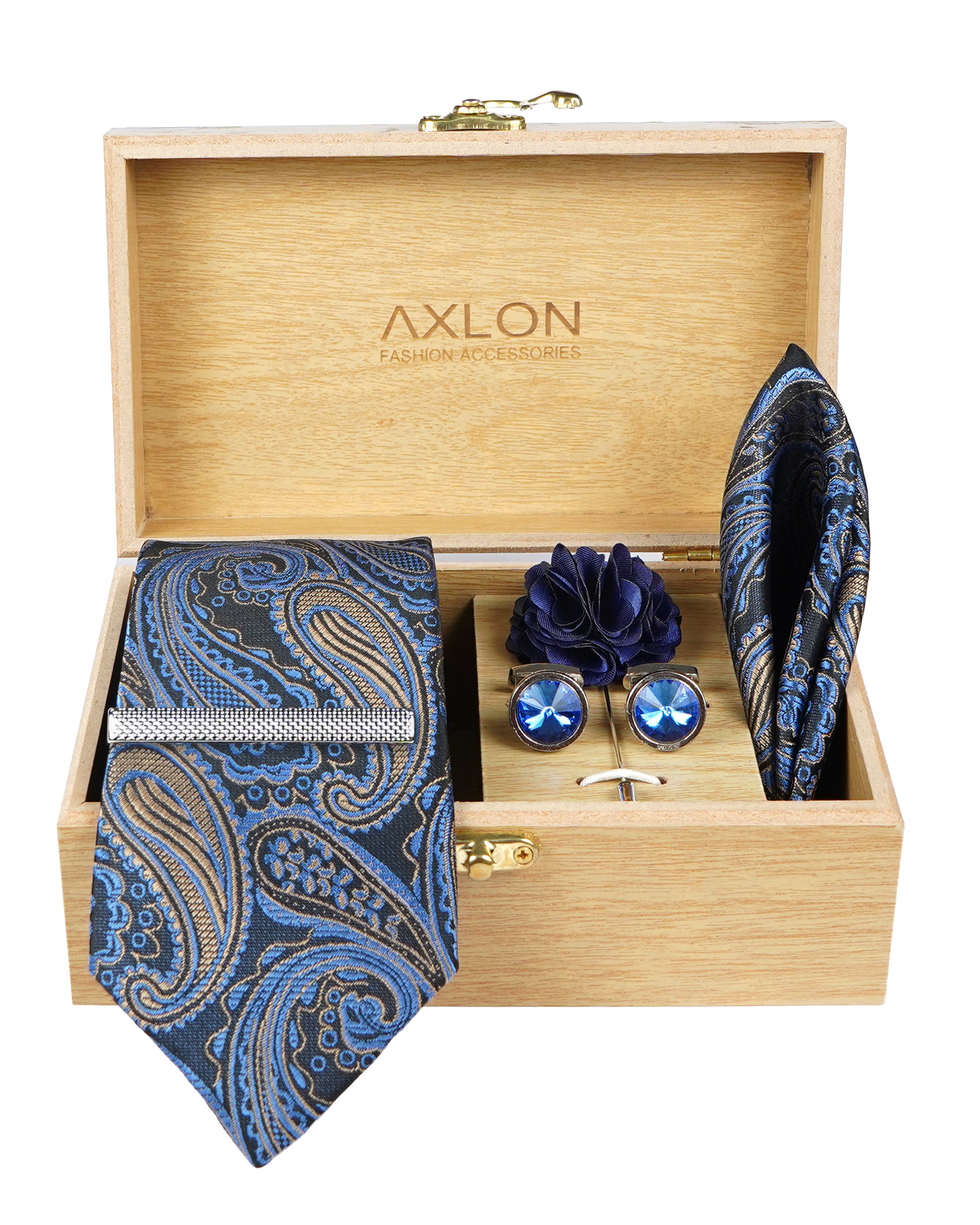 Axlon Tie Set for Men - Deep Navy Blue, paisley | Necktie Gift Box with Cufflinks, Pocket Square & Lapel Pin
