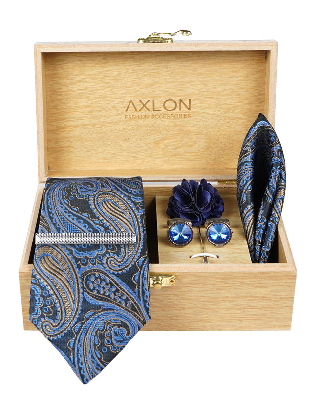 Axlon Tie Set for Men - Deep Navy Blue, paisley | Necktie Gift Box with Cufflinks, Pocket Square & Lapel Pin