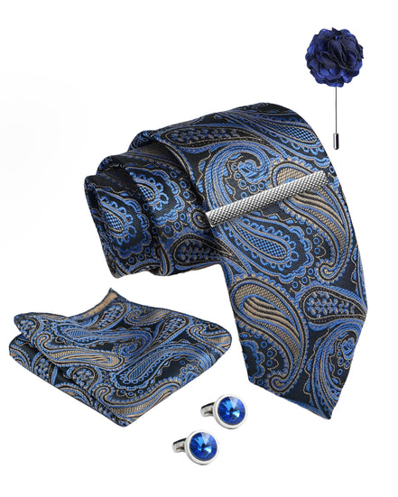 Axlon Tie Set for Men - Deep Navy Blue, paisley | Necktie Gift Box with Cufflinks, Pocket Square & Lapel Pin