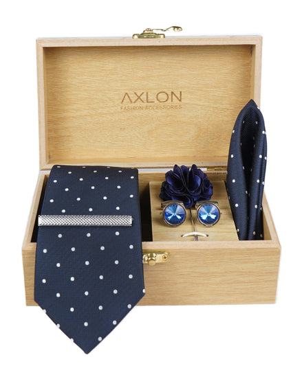 Axlon Tie Set for Men -Deep Navy Blue,  dotted  | Necktie Gift Box with Cufflinks, Pocket Square & Lapel Pin