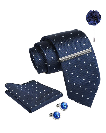 Axlon Tie Set for Men -Deep Navy Blue,  dotted  | Necktie Gift Box with Cufflinks, Pocket Square & Lapel Pin