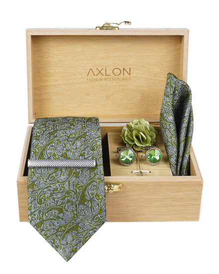 Axlon Tie Set for Men - Forest Green, paisley | Necktie Gift Box with Cufflinks, Pocket Square & Lapel Pin