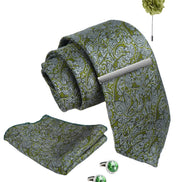 Axlon Tie Set for Men - Forest Green, paisley | Necktie Gift Box with Cufflinks, Pocket Square & Lapel Pin