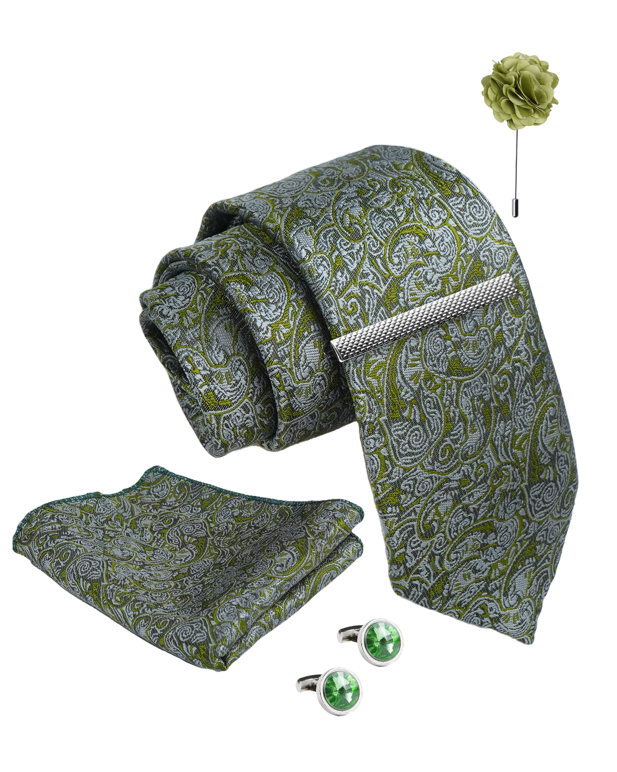 Axlon Tie Set for Men - Forest Green, paisley | Necktie Gift Box with Cufflinks, Pocket Square & Lapel Pin