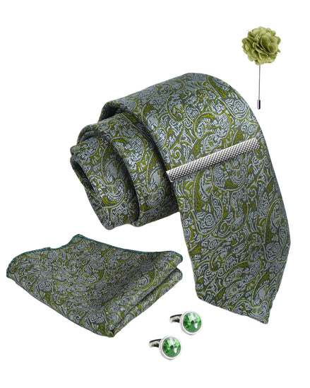 Axlon Tie Set for Men - Forest Green, paisley | Necktie Gift Box with Cufflinks, Pocket Square & Lapel Pin