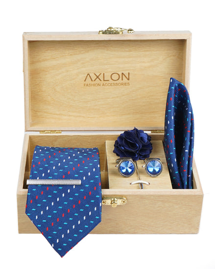 Axlon Tie Set for Men - Deep Navy Blue, dotted | Necktie Gift Box with Cufflinks, Pocket Square & Lapel Pin