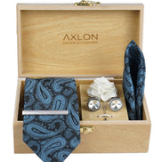 Axlon Tie Set for Men - Dusty Blue, paisley | Necktie Gift Box with Cufflinks, Pocket Square & Lapel Pin